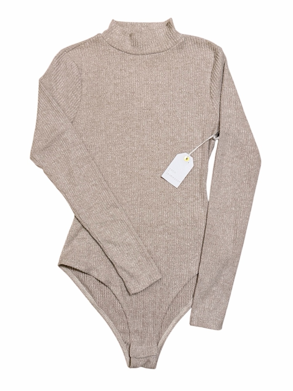 COCO + JAIMESON Soft Tan Ribbed Mock Neck Bodysuit with Long Sleeves NWT